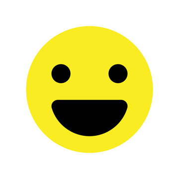 This is a vector emoticon icon showing a round yellow face with a big smiling expression. The design features two simple black eyes and a wide mouth.