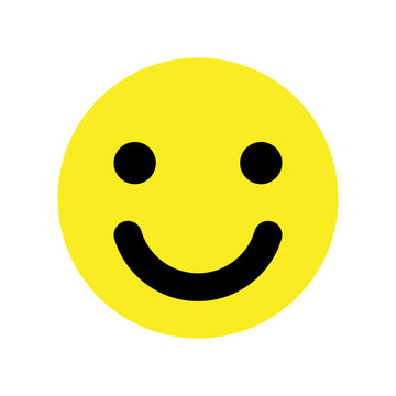 A round yellow emoticon with a smiling face. The face has two small black eyes and a curved black mouth. It represents happiness and positivity.