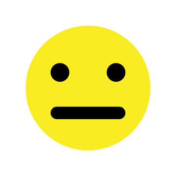 This vector emoticon icon depicts a yellow circle face with two black dots for eyes and a straight line for a mouth. It represents a neutral or indifferent expression.
