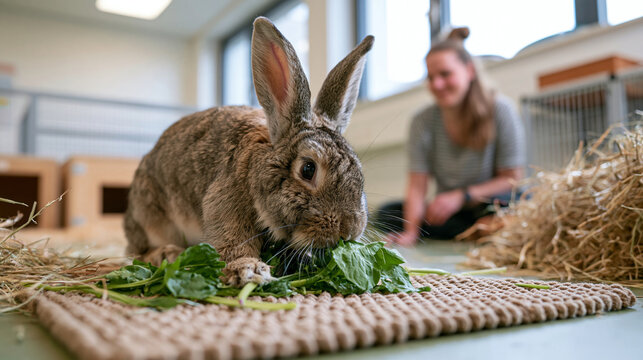 A calm rabbit pulls leafy greens from a textured foraging mat on the floor of a bright veterinary behavior room while a 41-year-old adult veterinary behaviorist watches several