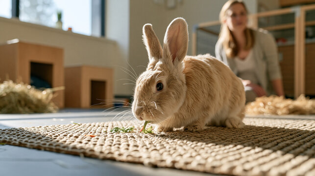 A calm rabbit pulls leafy greens from a textured foraging mat on the floor of a bright veterinary behavior room while a 41-year-old adult veterinary behaviorist watches several