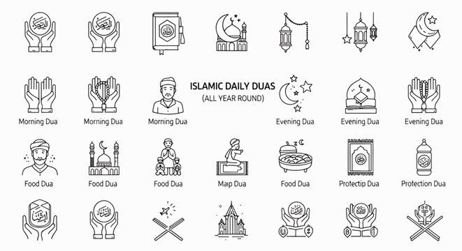 Islamic daily duas vector icons set with various religious symbols and elements for prayer and spirituality