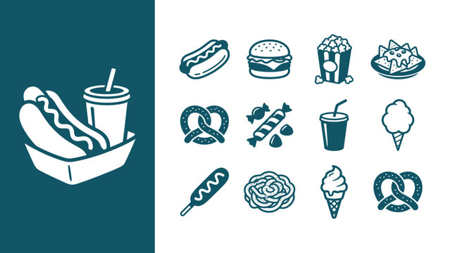 A comprehensive set of stylized fast food and stadium concession icons featuring a hot dog combo, burger, popcorn bucket, nachos, soft pretzels, candy, soda, cotton candy, and corn dog.