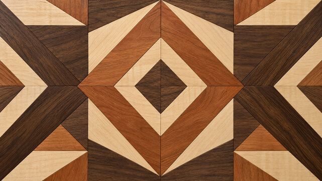 Geometric wood marquetry seamless pattern background, luxurious wooden inlay parquet flooring, natural oak walnut veneer mosaic texture surface