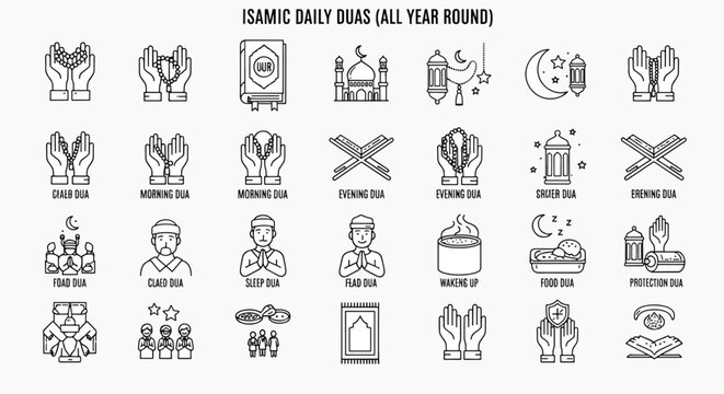 Islamic daily duas all year round vector illustration set, prayer, religion, faith, muslim, dua, ramadan, islamic art