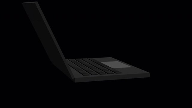 Professional 3D laptop product launch with a highly detailed procedural OS interface. Features glass-morphism windows, animated line charts, app dock, and cinematic 360-degree rotation.