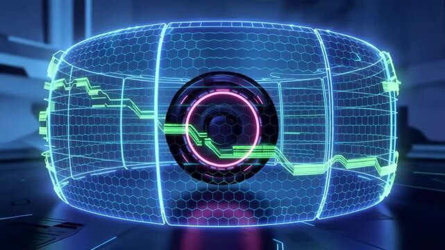 Glowing futuristic digital camera with neon circuitry and hexagonal wireframe rotating in a dark blue technological environment, seamless three dimensional animation