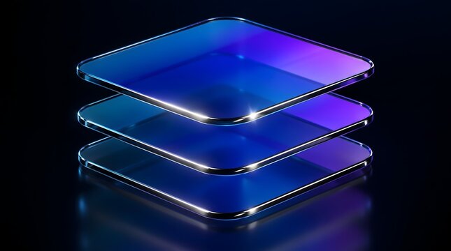 Abstract geometric stack of translucent glass squares with metallic edges glowing with vibrant blue and purple gradients against a dark background symbolizing data layers or