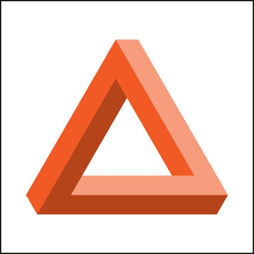 Bright orange Penrose triangle stands out against a white background. The geometric shape creates a visual paradox, challenging perception and illustrating the concept of impossible objects.