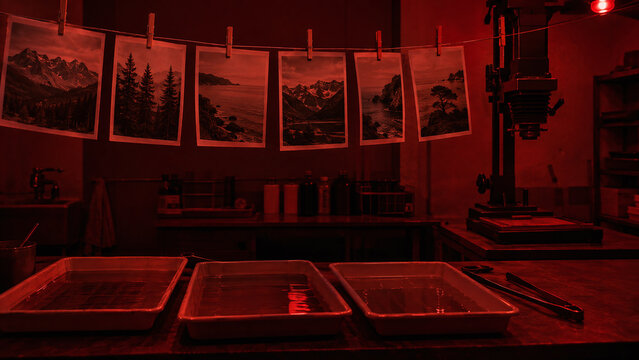 Film photography darkroom with prints drying under red safelight