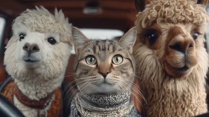 Fototapeta premium Adorable Alpaca and Cat Inside a Car Capturing Fun and Chaos