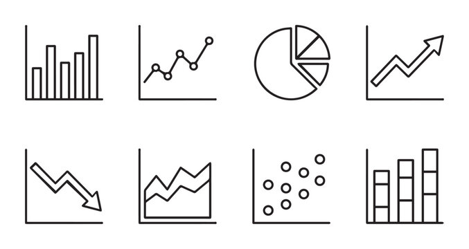 Business chart icons set with bar, line, pie and scatter graphs for finance and data analysis