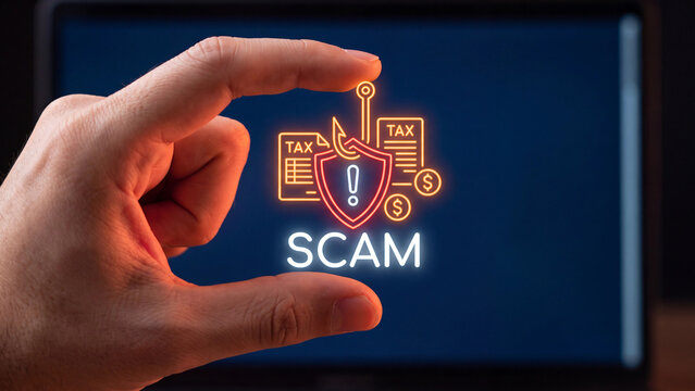 Glowing neon tax scam warning sign held carefully between human fingers with glowing blue screen background