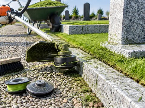 Petrol brushcutter with nylon line head trimming around granite headstone kerbs at a cemetery