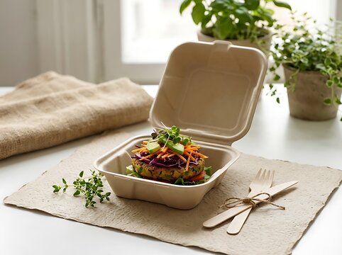 Fresh vegan burger served in a sustainable green compostable takeout container on a kitchen table. clamshell packaging burgers