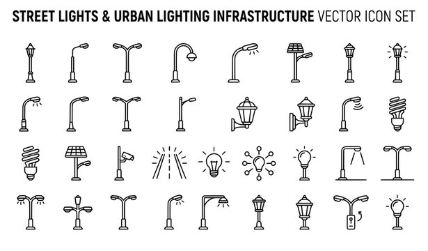 Street lights and urban lighting infrastructure line icon set featuring lamp posts, vintage lanterns, solar street lamps, LED bulbs, pole lights and road illumination, black outline vector symbols