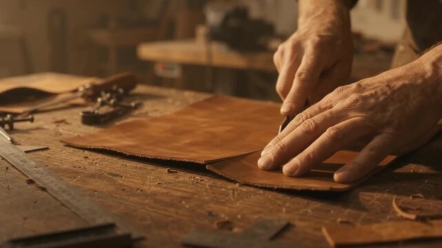 Artisan craftsman cutting brown leather piece with a sharp knife in a workshop.