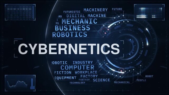 Cybernetics animated word cloud HUD, text design animation, seamless loop