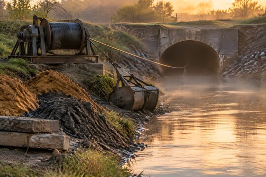 Rodding eye and a winch drum with a steel cable running into a culvert outfall beside a drag bucket on the bank