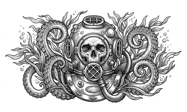 Deep sea nautical adventure concept with vintage diving helmet and tentacles