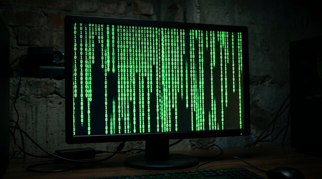 Computer monitor displaying falling green binary code in a dimly lit room