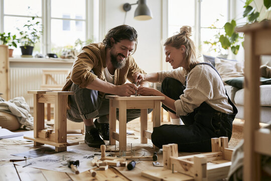 Young couple assembling flat pack furniture together on the floor of a bright apartment living room