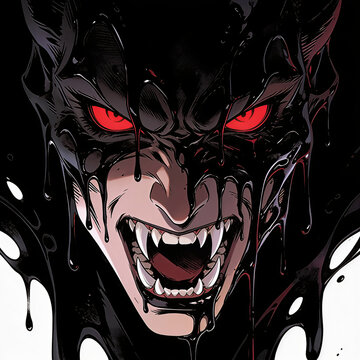 Ferocious werewolf demon emerging from liquid darkness, glowing red eyes, supernatural horror creature rising from black shadows, sinister fantasy monster portrait, dark gothic digital artwork