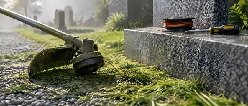 Strimmer head with a snapped line resting on a cut swathe beside a granite headstone plinth with a spare line spool