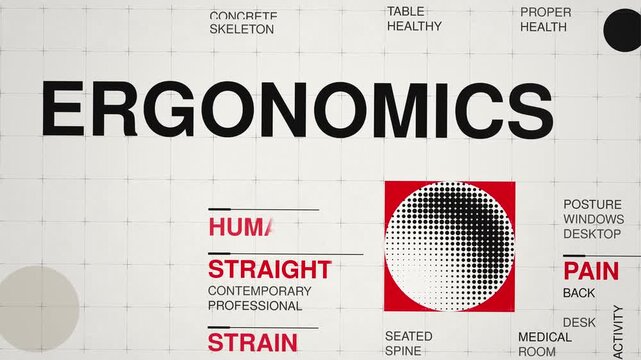 Ergonomics animated word cloud, swiss grid text design animation, seamless loop