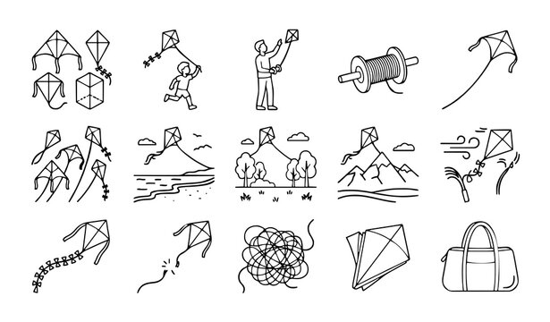 Untitled design - 1 Kite Flying Activities and Different Kite Shapes Black Line Art Vector Illustration Set