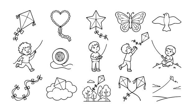 Untitled design - 2 Kite Flying Outdoor Recreation and Adventure Black Outline Vector Line Art Collection