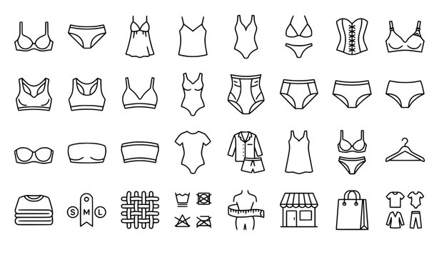 Women's lingerie and underwear line icon set featuring bra, panties, camisole, bodysuit, corset, swimsuit, sleepwear, robe, clothes hanger, laundry care symbols, boutique shop and shopping bag, black 