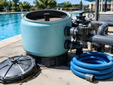 Open swimming pool filtration tank with sand filter lid removed and coiled hose beside valves and pressure gauge