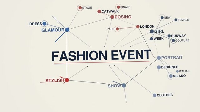 Fashion event animated graph network word cloud, text design animation, seamless loop