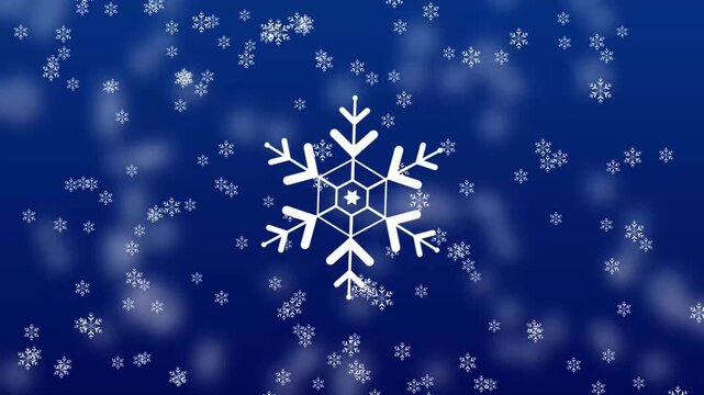 Glowing white snowflake rotating smoothly against dark blue background video footage