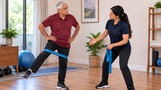 Senior man doing leg extension exercise with resistance band, guided by physical therapist in bright rehabilitation clinic, healthcare and wellness concept