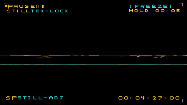 vcr pause overlay glitch retro tape screen with timecode and pixel distortion effect for vintage video editing