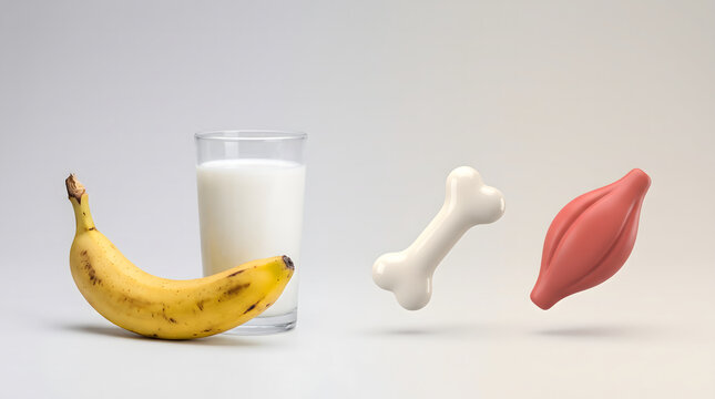 Banana and glass of milk with bone and muscle icons on light background