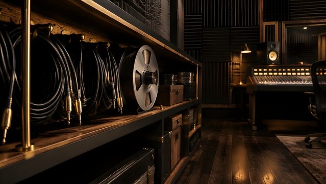 Shelf holding coiled jack cables and a reel of tape in a recording studio control room with acoustic foam panels
