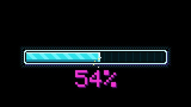 Retro 8-bit pixel art loading bar filling from 0 to 100 percent on black, video game progress animation