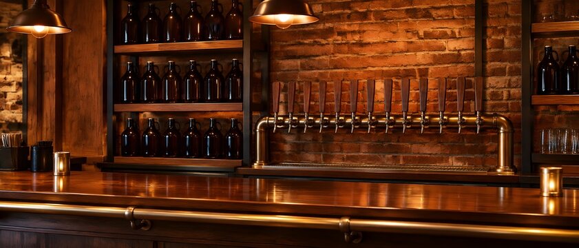 Taproom shelf holding glass growlers and plain tap handles on a walnut bar with brass rails