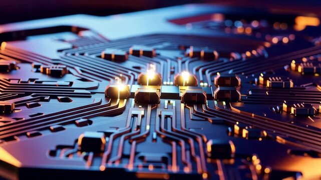 Illuminated electronic circuit board with glowing components and intricate copper traces, cinematic blue and orange macro technology background for innovation concepts