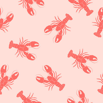 Pink lobster seamless pattern with repeating marine animal motifs