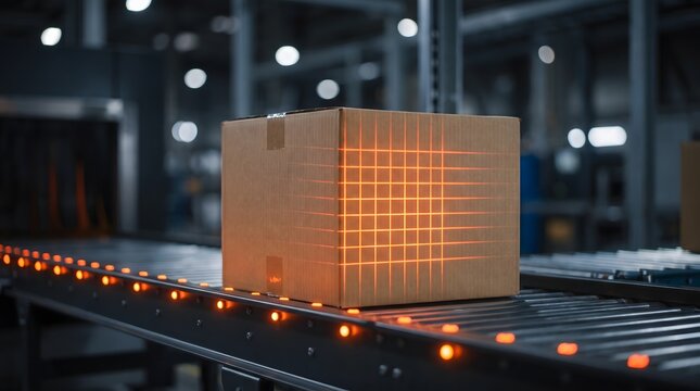 Cardboard box on warehouse conveyor belt scanned by automated grid laser.