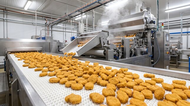 Chicken nuggets on white conveyor belt inside modern food production.