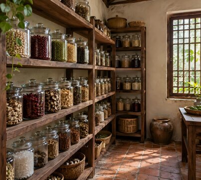 Wooden pantry shelves lined with glass jars in a Vietnamese garden house interior