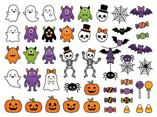 Fototapeta premium Cute Halloween Vector Illustration Set Featuring Friendly Ghosts, Monsters, Bats, Skeletons, Jack O Lanterns, Candy, Lollipops, Spiders and Webs Isolated on White Background