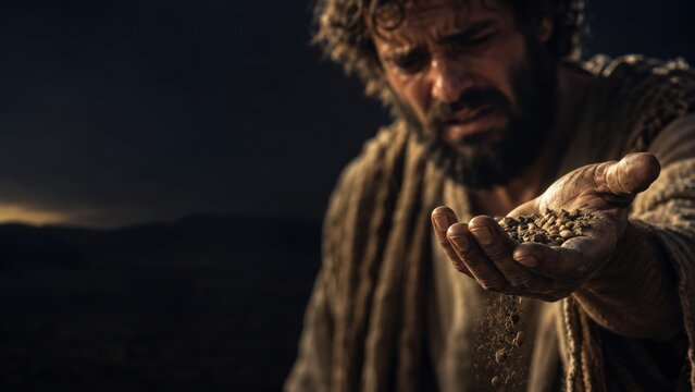 Cain holds and lets grain fall from his hands in a dark biblical tableau. Cain and Abel story from Genesis. Agricultural offering and ancient farming. Faith, rejection and biblical narrative