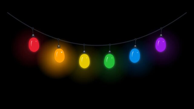 Large vibrant hanging Christmas string lights with connected wires and bright left-to-right chasing loop in 4K resolution.