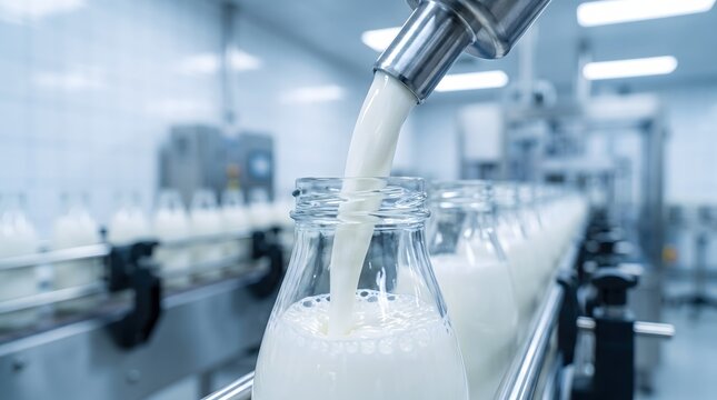 Fresh organic milk pouring from automated nozzle into glass bottles.